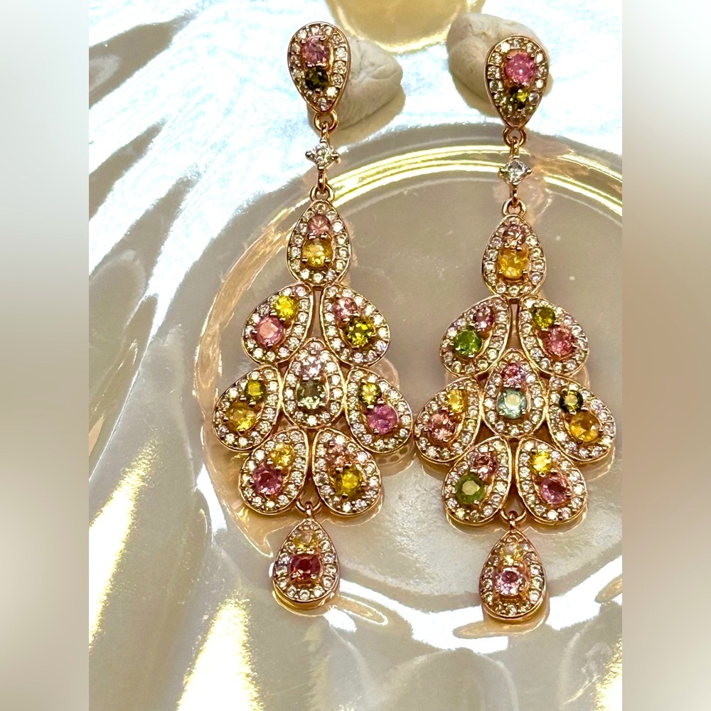 ETR4 3CT Natural Rainbow Tourmaline ART NOUVEAU PEACOCK TAIL Earrings 18KRG S925